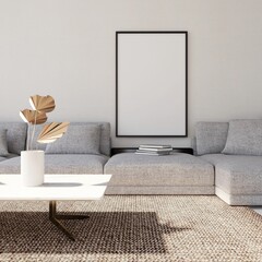 Modern living room with vertical frame mockup, gray sofa and interior decor. 3d rendering, interior design, 3d illustration