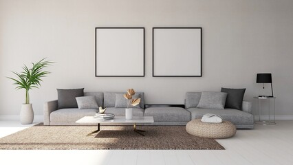 Modern living room with two square frame mockup, gray color sofa and interior decoration. 3d rendering, interior design, 3d illustration © R I M O N T
