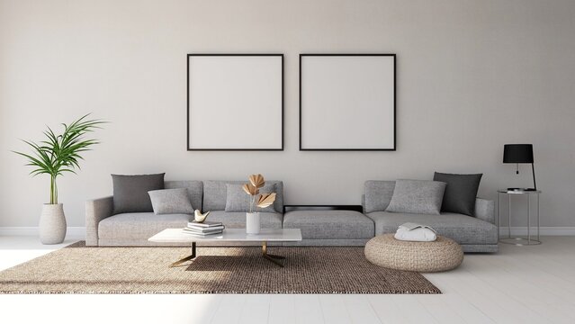 Modern living room with two square frame mockup, gray color sofa and interior decoration. 3d rendering, interior design, 3d illustration