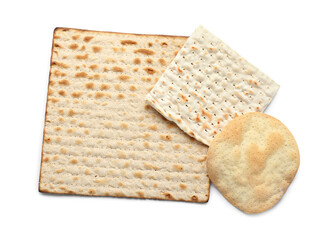 Different Jewish flatbread matza for Passover on white background