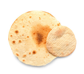 Round Jewish flatbread matza for Passover on white background