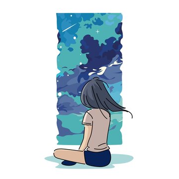 vector illustration of girl sitting and looking at the sky from the window	
