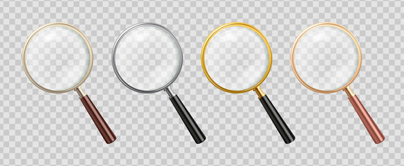 Realistic magnifier glass set. Zoom tools loupe scrutiny lens optical microscope. Realistic isolated 3d vector