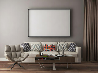 Mockup frame in living room with beige sofa set and gray wall.3d rendering. 3d illustration.