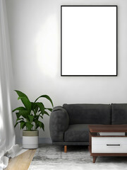 Mockup frame in living room with blank frame, gray sofa and plant .3d rendering. 3d illustration.