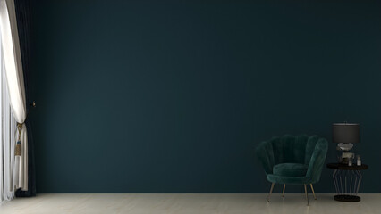 Mockup room with dark teal wall, dark green shell chair, luxury table and table lamp .3d rendering. 3d illustration.