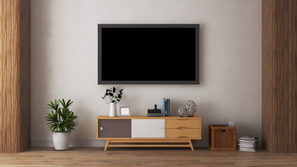 Obraz na płótnie Canvas Mockup tv in living room with blank tv, cabinet, objects, and plant .3d rendering. 3d illustration.