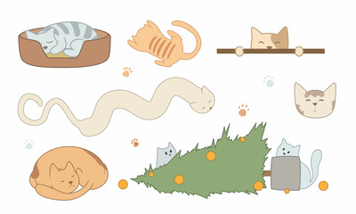 Vector image of flat, isolated cats on a white background. Cats and kittens lie, play, spin the ball, cutely pull themselves up, hide in a basket. The illustration has animals, fish, cat paws, food, a
