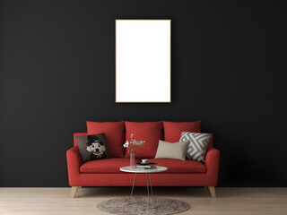 Mockup frame in the room with black painted wall and red sofa .3d rendering. 3d illustration.