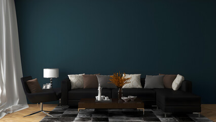 Mockup room in living room interior with dark teal painted wall and luxury furniture set.3d rendering. 3d illustration.