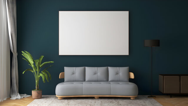 Mockup frame with blank frame, gray sofa, floor lamp, cabinet, and dark teal painted wall .3d rendering. 3d illustration.