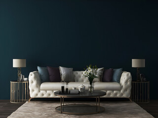 Mockup wall in luxury interior room with classic white furniture and dark teal painted wall .3d rendering. 3d illustration.