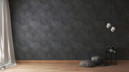 Mockup wall in dark concrete wall with gray chair and blanket, and luxury hanging lamp.3d rendering. 3d illustration.