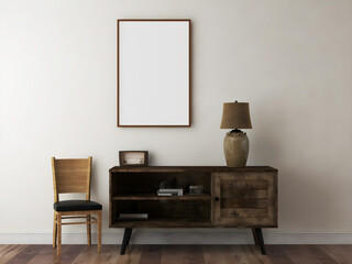 Mockup frame in rustic style interior with wooden furniture, and retro objetcs .3d rendering. 3d illustration.