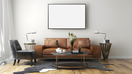 Mockup frame in living room with blank frame, light brown leather sofa, chair, leather carpet, and coffee table .3d rendering. 3d illustration.
