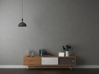 Mockup wall in living room with concrete wall,  hanging lamp, cabinet and objects.3d rendering. 3d illustration.