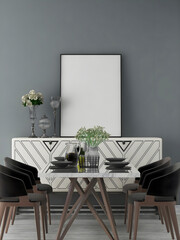Mockup frame in dining room interior with blank frame, gray wall, and luxury dining set. 3d rendering. 3d illustration