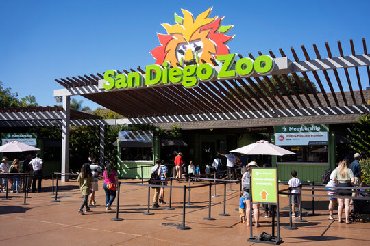 San Diego, CA, USA - Mar 23, 2022: The entrance to the San Diego Zoo in Balboa Park, San Diego, California. The zoo is known for its endangered species breeding programs and conservation efforts.