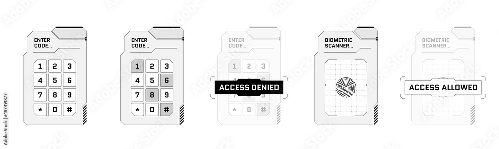 Poster hud digital futuristic user interface pin code entry panel set. sci fi high tech protection screens.