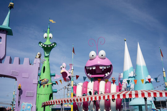 Universal City, CA, USA - Mar 21, 2022: The Super Silly Fun Land, a Minion-inspired play zone adjacent to Despicable Me Minion Mayhem at Universal Studios Hollywood in Los Angeles County.