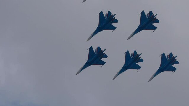  Aerobatic teams Russian Knights on planes Su-35 of the international aerospace salon MAKS-2021.