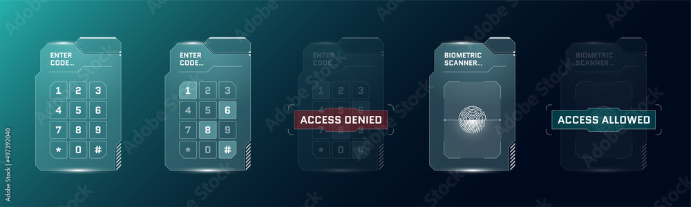 Poster hud digital futuristic user interface pin code entry panel set. sci fi high tech protection screens.