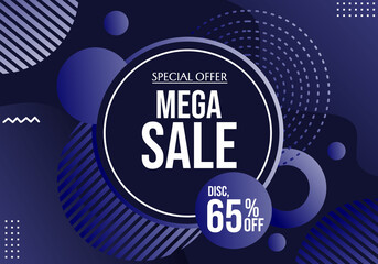 abstract geometric background with mega sale text. advertising banner with dark blue gradient color.