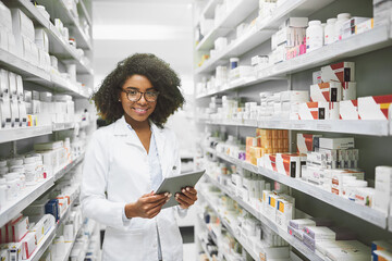 We have all the medication anybody would ever need. Portrait of a cheerful young female pharmacist standing with a digital tablet while looking at the camera in a pharmacy. - obrazy, fototapety, plakaty
