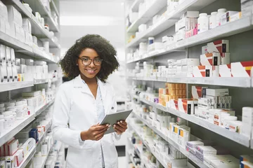 Foto op Aluminium We have all the medication anybody would ever need. Portrait of a cheerful young female pharmacist standing with a digital tablet while looking at the camera in a pharmacy. © Ruan Jordaan/peopleimages.com