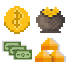 Set of icons economy and money concept illustration pixel art vector