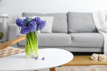Vase with hyacinth flowers on table in living room