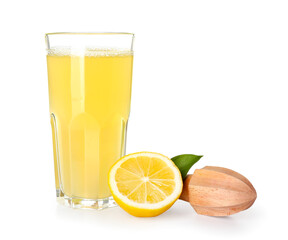 Glass of fresh lemon juice and wooden juicer on white background