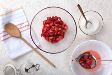 The process of making strawberry jam in the home kitchen, top view