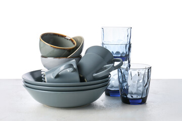Set of clean tableware isolated on white