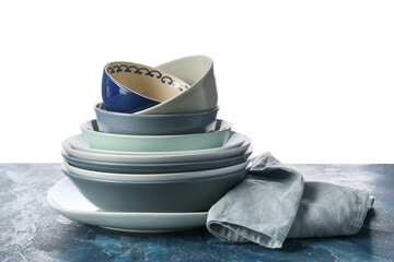 Set of clean tableware isolated on white