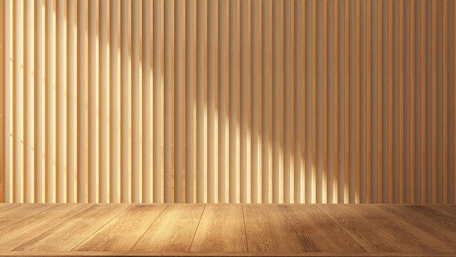 3D render of an empty wooden counter top for products display with background of stripe wood wall with sun light from window. Minimal Background for product display advertising.