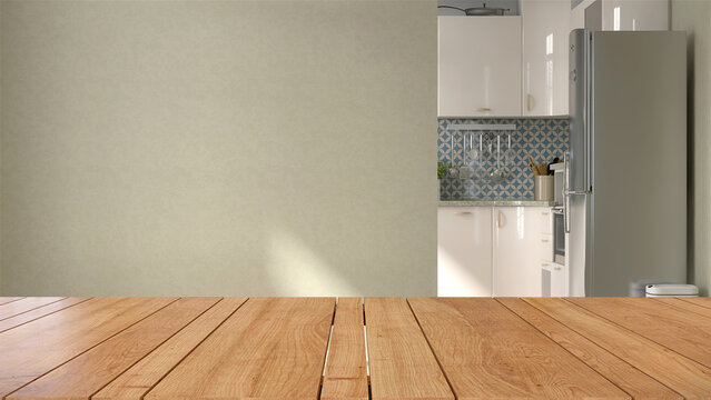 3D render of an empty wooden counter top for products display with background of teal green wall and kitchen with sun light from window. Minimal Background for product display advertising