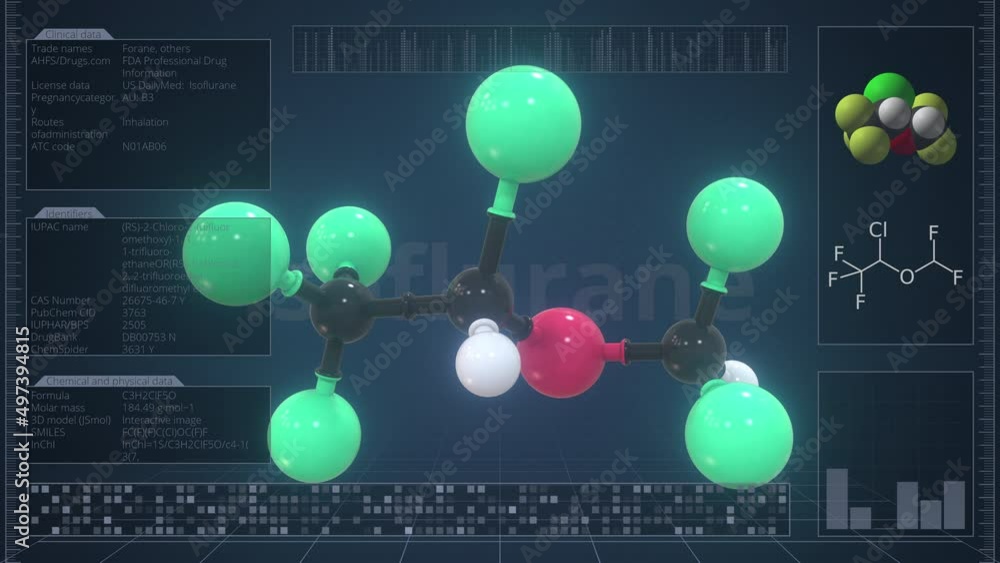 Aufkleber isoflurane molecule with description on the computer screen, loopable 3d animation