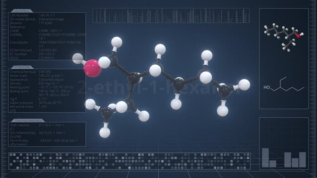 2-ethyl-1-hexanol molecule with description on the computer screen, loopable 3d animation