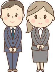 お辞儀をするスーツ姿の男女