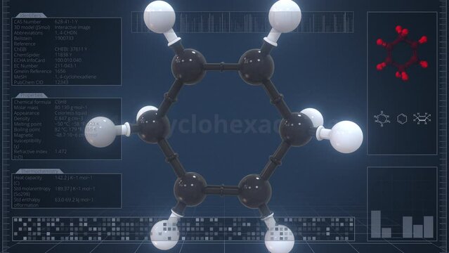 1,4-cyclohexadiene molecule with description on the computer screen, loopable 3d animation