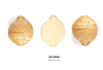 Creative layout made of jicama on white background. Flat lay. Food concept.