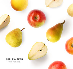 Creative layout made of pear and apple on the white background. Flat lay. Food concept. Macro  concept.