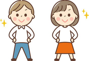 胸を張る男女セット