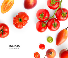 Creative layout made of different tomatoes on the white background. Flat lay. Food concept. Tomato...