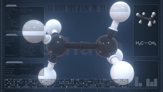 Ethane molecule with description on the computer screen, loopable 3d animation