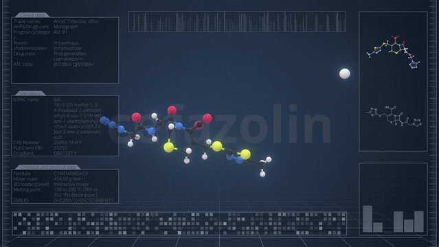 Cefazolin molecule with description on the computer screen, loopable 3d animation