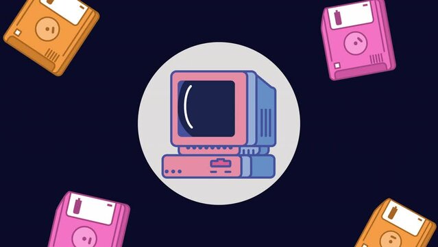 desktop and floppy disks animation