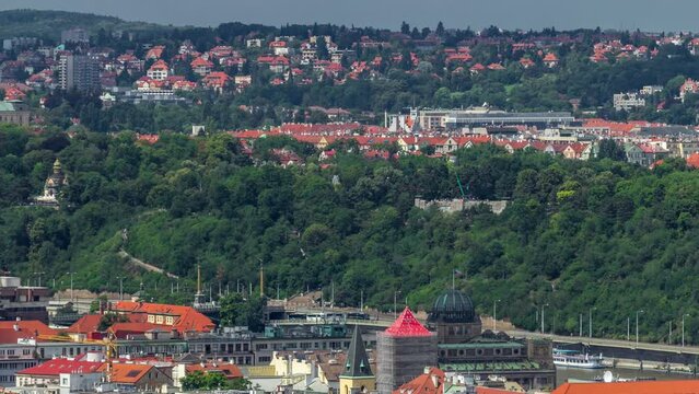 Panoramic view of Prague timelapse from the top of the Vitkov Memorial, Czech Republic