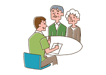 ケアマネージャー（男性）と話し合う老夫婦　コミカルな手書きの人物　ベクター、線画にカラー